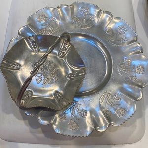 Mid Century 50’s Lazy Susan aluminum tray & a basket hand forged floral vintage